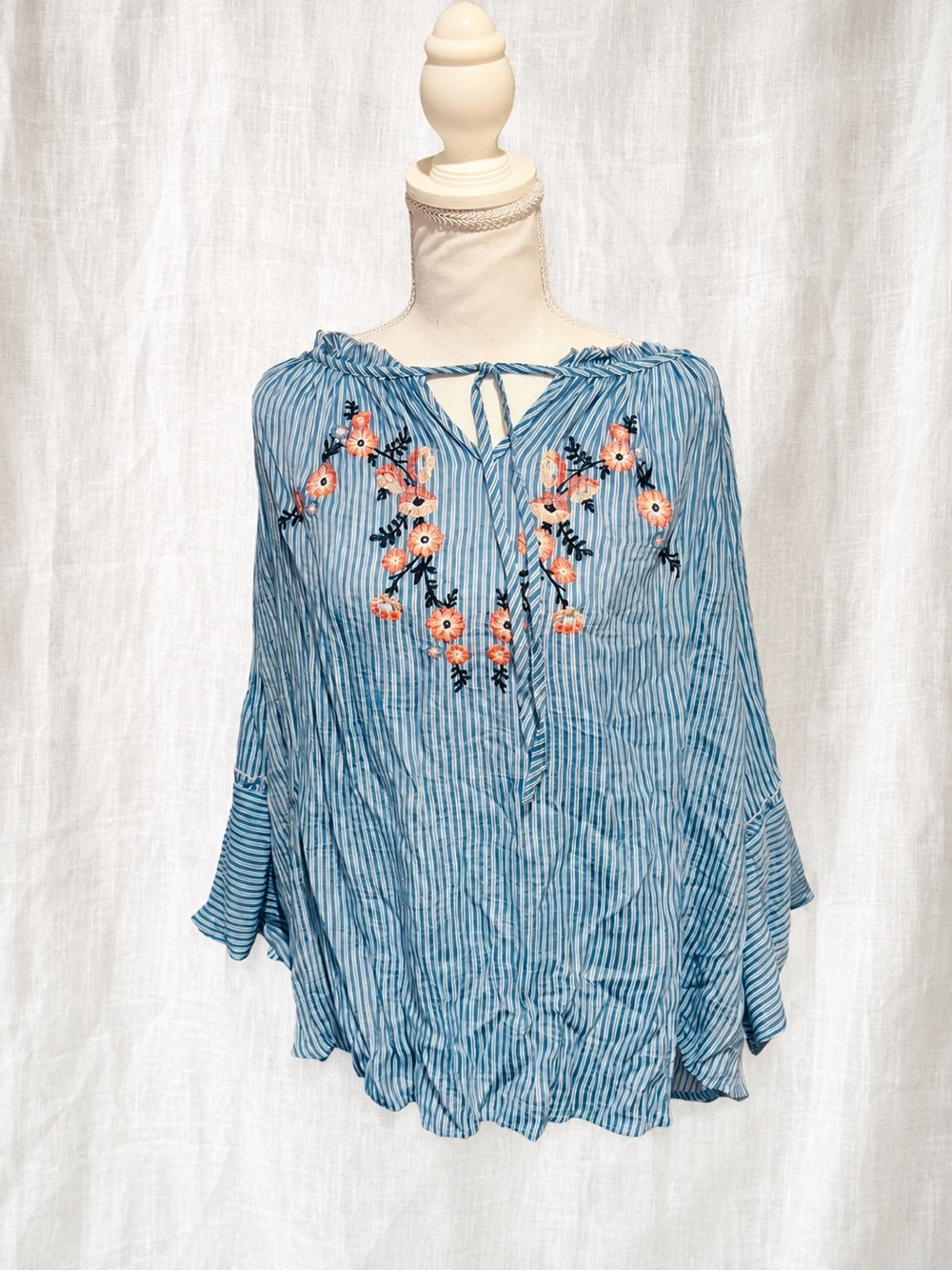 Zac & Rachel Blue Striped Embroidered Peasant Tunic